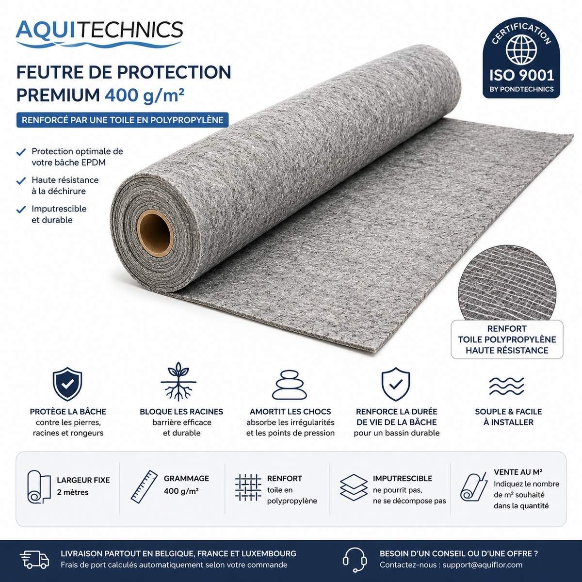 Geotextilvlies (pro m² verkauft) als Schutz für Teich (Vlies für EPDM- oder PVC-Teichfolie) - Breite 2M