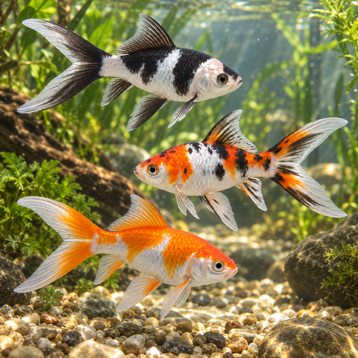 Comet panda & tricolor dans l’eau — mise en situation illustrative générée