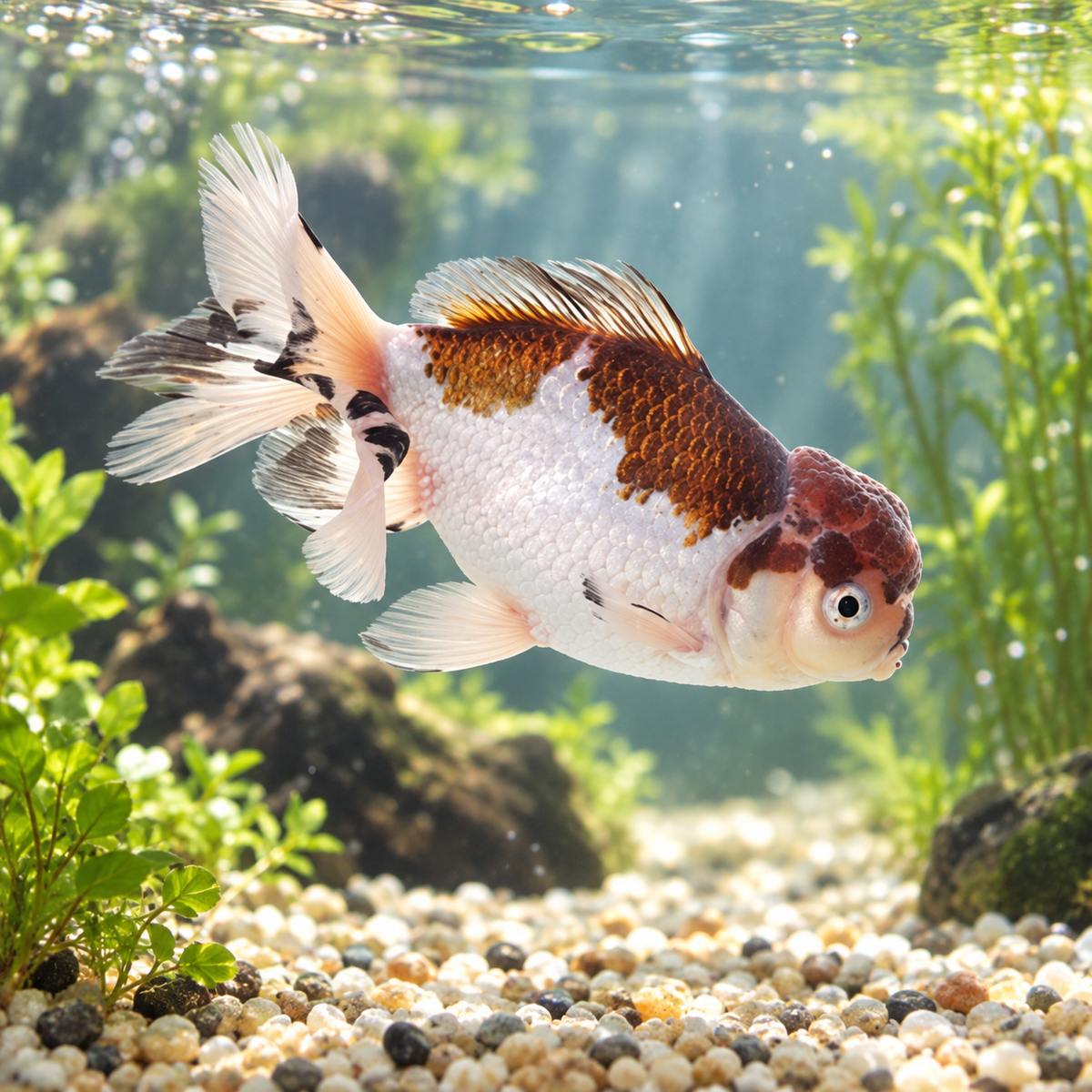 Oranda panda-tricolor dans l’eau — mise en situation illustrative générée