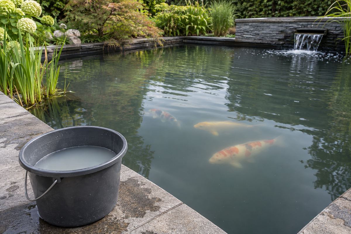 Bassin à koïs avec retour d’eau en fonctionnement et préparation d’argile dans un seau