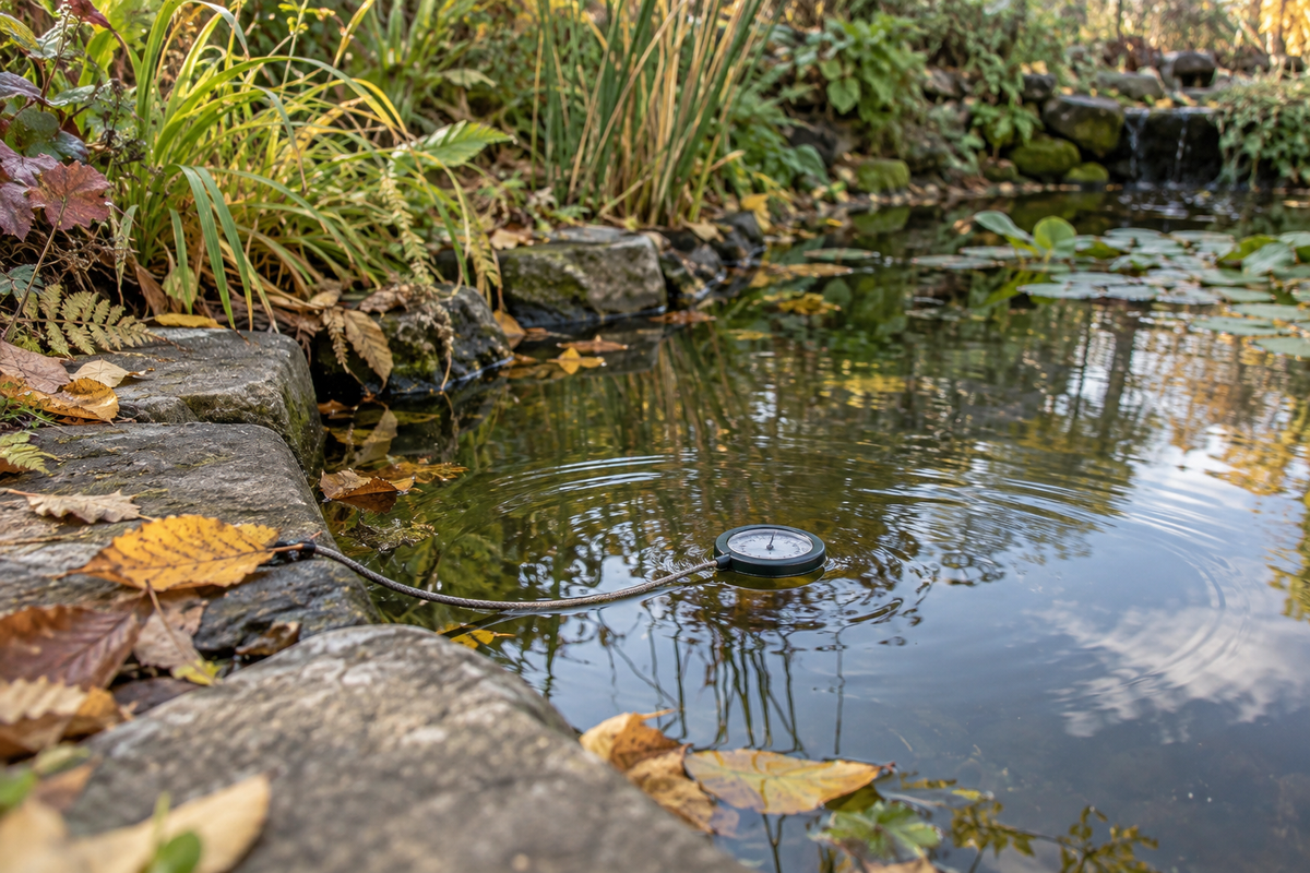 Thermomètre flottant dans un bassin en automne