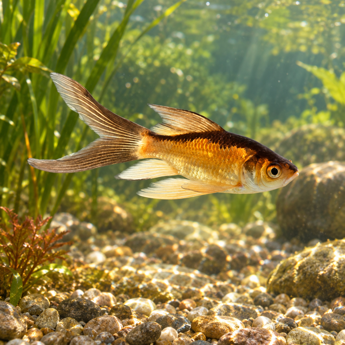 Comet Fish Rouge & Noir - Rode/Zwarte Komeet dans l’eau — mise en situation illustrative générée