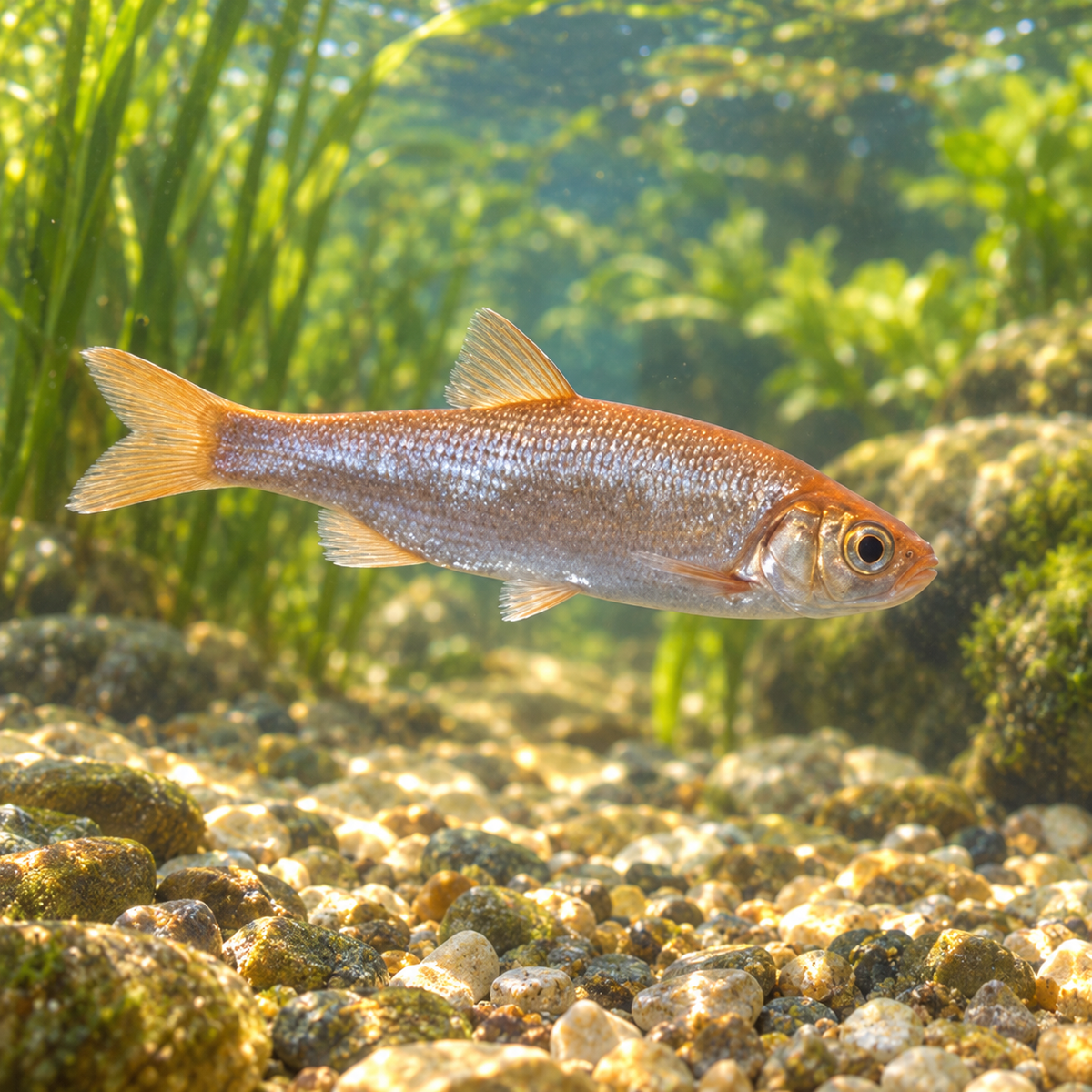 Ide mélanote dorée / Goudwinde dans l’eau — mise en situation illustrative générée