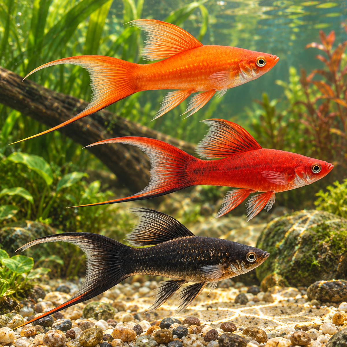 Xipho assorties voilées dans l’eau — mise en situation illustrative générée