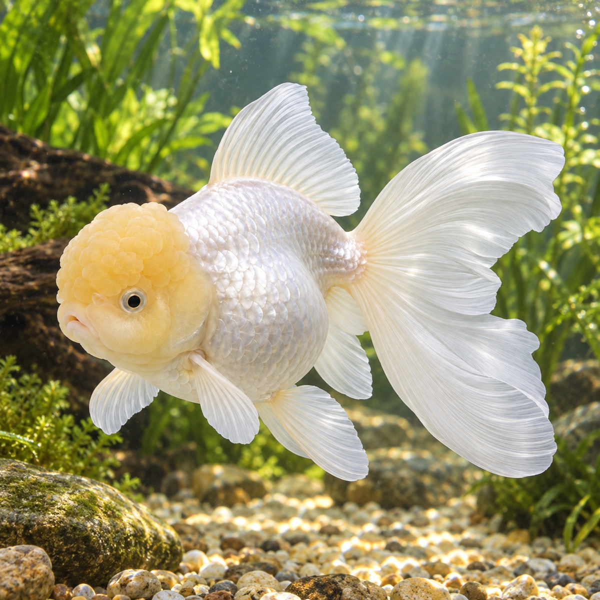 Oranda blanc tête jaune dans l’eau — mise en situation illustrative générée