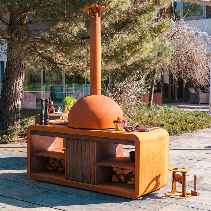 Meuble pour four à pizza Atelier Voûte - corten et bambou - Aquigarden