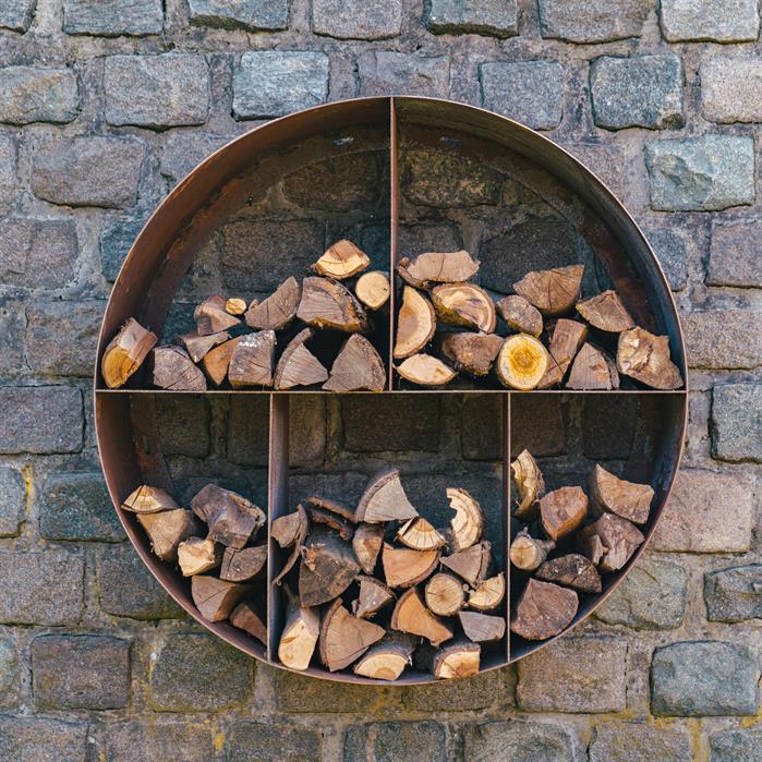 Range-bûches rond Stère Lune en acier corten - Ø 100 cm - Aquigarden
